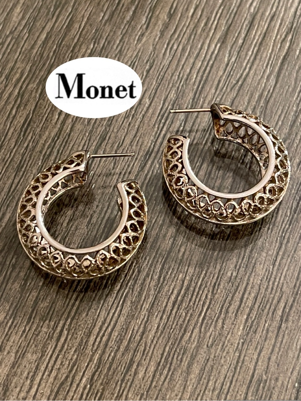 Vintage Monet Chunky Openwork Filigree Hoop Earrings - Silver-tone